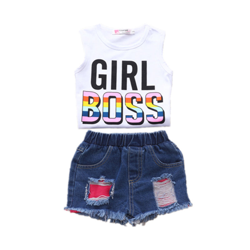 2 Pieces Girl Boss Print Tank Top And Patched Ripped Denim Shorts Set Wholesale 77172348 第 1 个媒体（共 13 个）