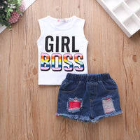 Load image into Gallery viewer, 2 Pieces Girl Boss Print Tank Top And Patched Ripped Denim Shorts Set Wholesale 77172348 第 1 个媒体（共 13 个）
