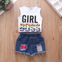 Load image into Gallery viewer, 2 Pieces Girl Boss Print Tank Top And Patched Ripped Denim Shorts Set Wholesale 77172348 第 1 个媒体（共 13 个）
