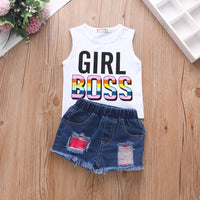 Load image into Gallery viewer, 2 Pieces Girl Boss Print Tank Top And Patched Ripped Denim Shorts Set Wholesale 77172348 第 1 个媒体（共 13 个）
