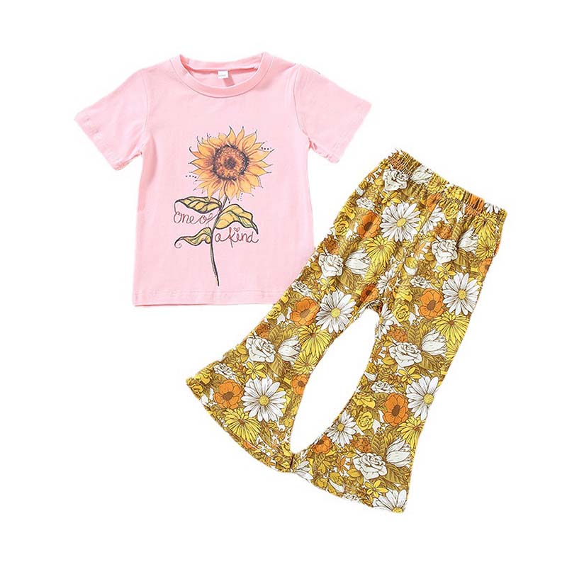 2 Pieces Girl Set Sunflower Graphic T-shirt And Flared Pants Wholesale 69693033