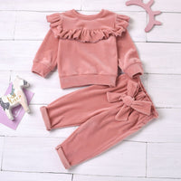 Load image into Gallery viewer, 2 Pieces Infant Girl Solid Color Set Doll Collar Top And Belted Pants Wholesale 72384778
