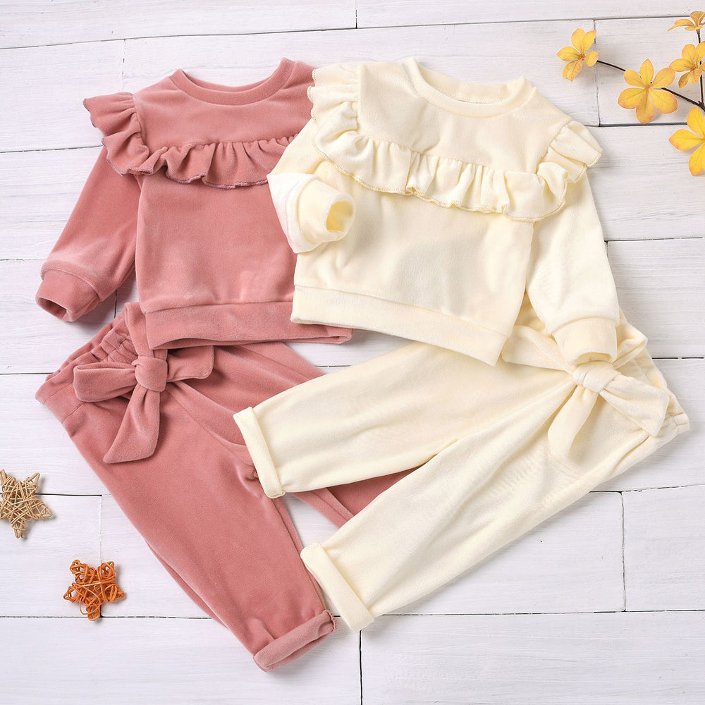 2 Pieces Infant Girl Solid Color Set Doll Collar Top And Belted Pants Wholesale 72384778