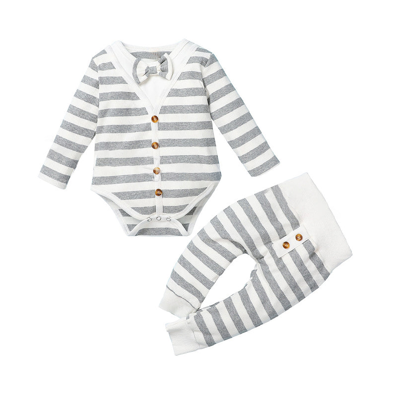 2 Pieces Set Baby Unisex Striped Bow Rompers And Pants Wholesale 03366591
