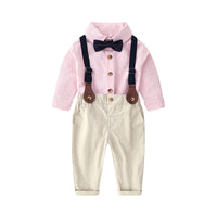 Load image into Gallery viewer, 2 Pieces Infant Toddler Boy Handsome Set Bowtie Stripe Shirt And Suspender Pants Wholesale 03535259
