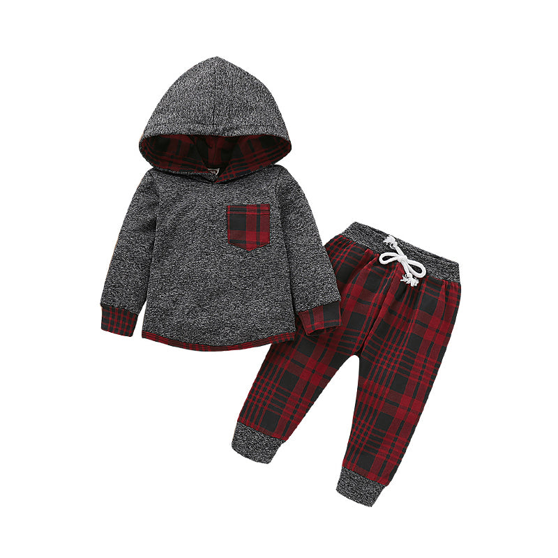 2 Pieces Infant Toddler Boy Outfit Pocket Hoodie & Plaid Pants Wholesale 10856454