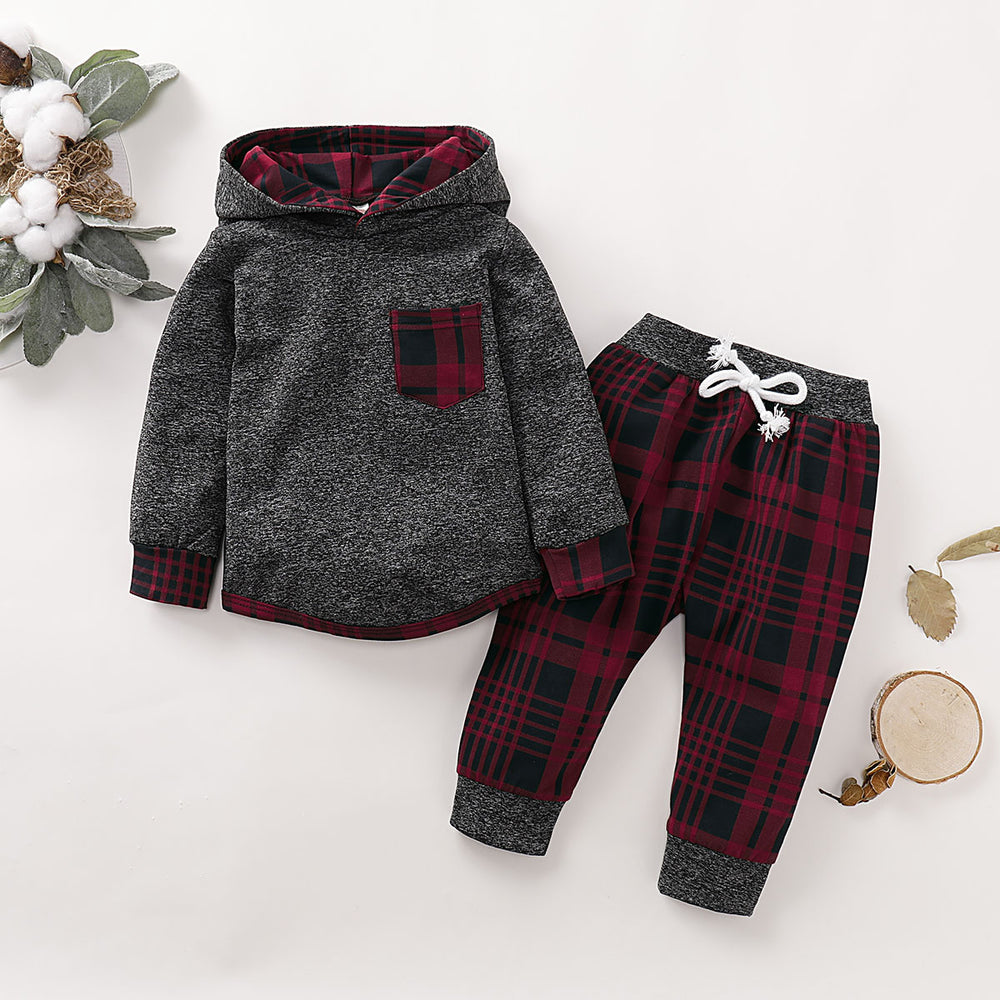 2 Pieces Infant Toddler Boy Outfit Pocket Hoodie & Plaid Pants Wholesale 10856454