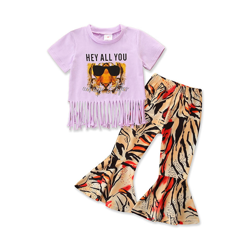 2 Pieces Infant Toddler Girl Letters Fringed Hem Top & Tiger Pattern Bell Pants Set Wholesale 76882757