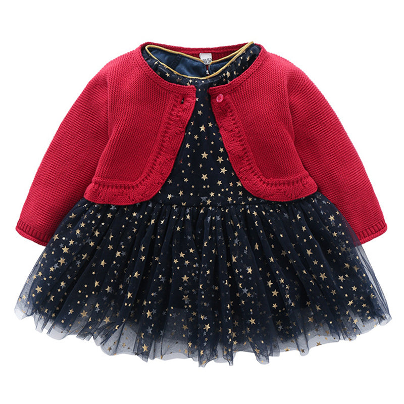 2 Pieces Infant Toddler Girl Party Bling Stars Mesh Dress With Red Knit Cardigan Wholesale 770856982 Pieces Infant Toddler Girl Party Bling Stars Mesh Dress With Red Knit Cardigan Wholesale 77085698