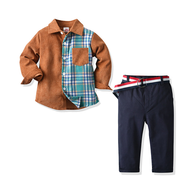 2 Pieces Kid Boy Check Colorblock Corduroy Shirt And Pants Set Wholesale 01604318