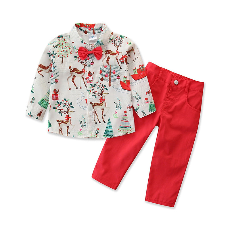 2 Pieces Set Baby Kid Boys Dressy Christmas Animals Plant Bow Print Shirts And Solid Color Pants Wholesale 49646611