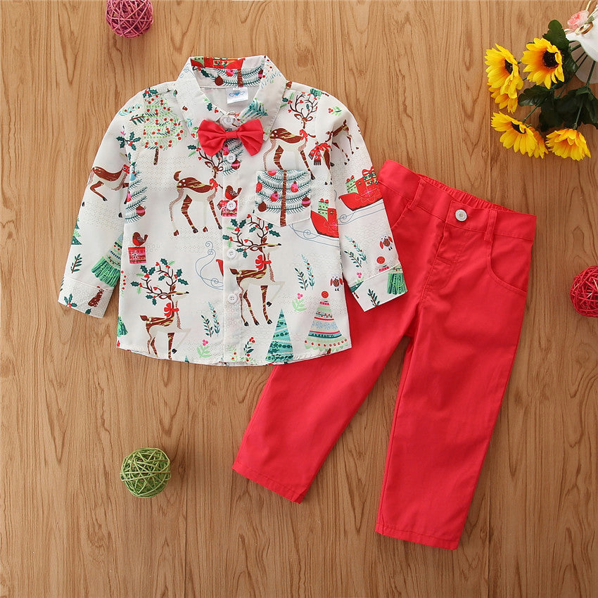 2 Pieces Set Baby Kid Boys Dressy Christmas Animals Plant Bow Print Shirts And Solid Color Pants Wholesale 49646611