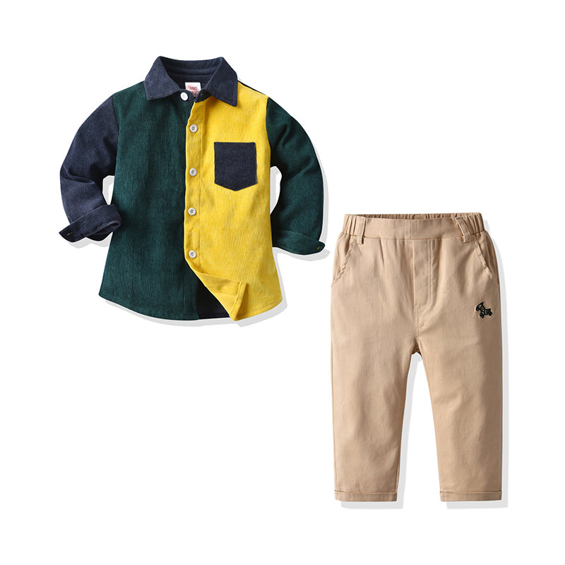 2 Pieces Kid Boy Corduroy Colorblock Shirt Matching Trousers Set Wholesale 95354347