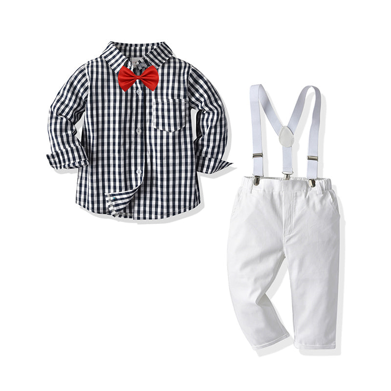 2 Pieces Set Baby Kid Boys Birthday Party Checked Bow Shirts And Solid Color Jumpsuits Wholesale 82476759