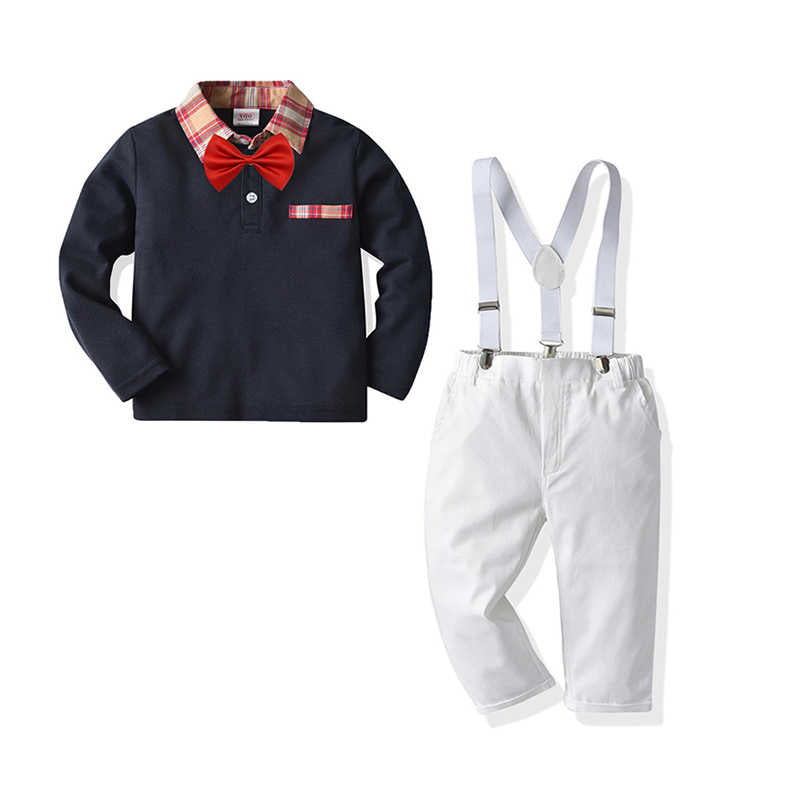 2 Pieces Set Baby Kid Boys Dressy Birthday Party Checked Bow Polo Shirts And Solid Color Pants Suits Wholesale 84656837