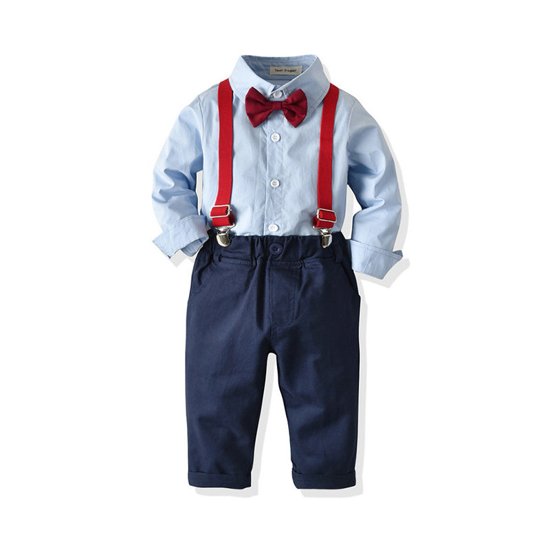 2 Pieces Kid Boy Gentleman Set Plain Bowtie Shirt & Suspender Pants Wholesale 47705249