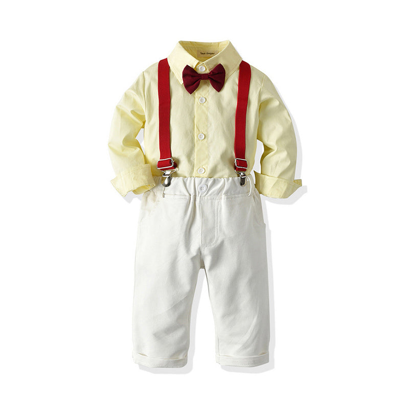 2 Pieces Kid Boy Gentleman Set Plain Bowtie Shirt & Suspender Pants Wholesale 47705249