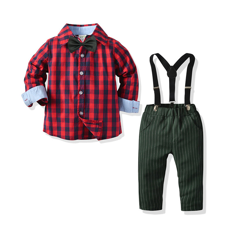 2 Pieces Set Baby Kid Boys Birthday Party Checked Bow Shirts And Striped Pants Wholesale 82086644