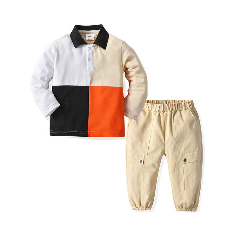 2 Pieces Kid Boy Set Color Blocking Turn Down Collar T-Shirt And Pants Wholesale 18446931