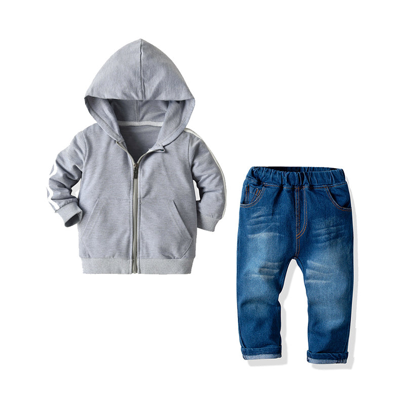 2 Pieces Kid Boy Set Gray Hoodie With Denim Trousers Wholesale 74976142