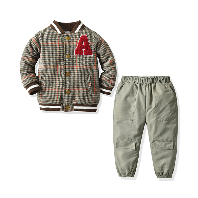 2 Pieces Set Kid Boys Striped Checked Alphabet Jackets Outwears And Solid Color Pants Wholesale 48366664