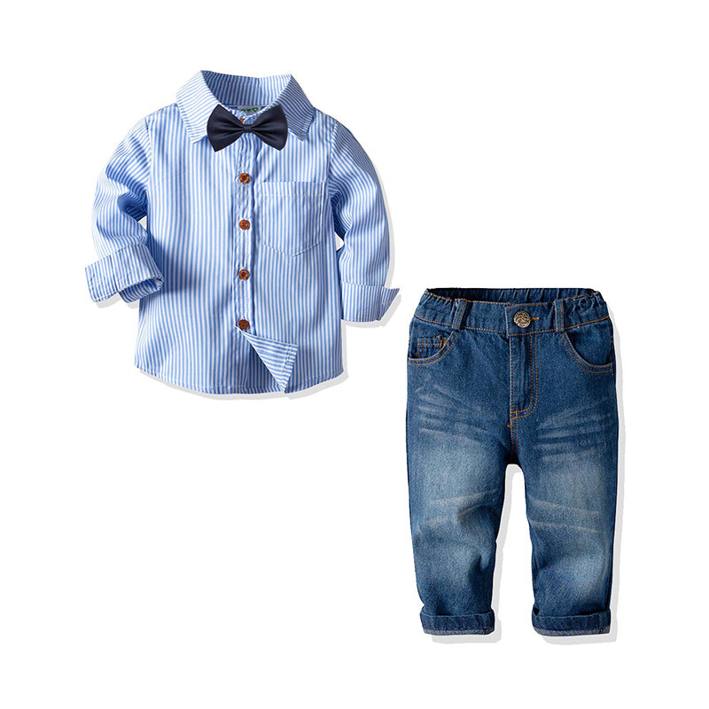 2 Pieces Kid Boy Stripe Bowtie Shirt With Jeans Set Wholesale 53607039