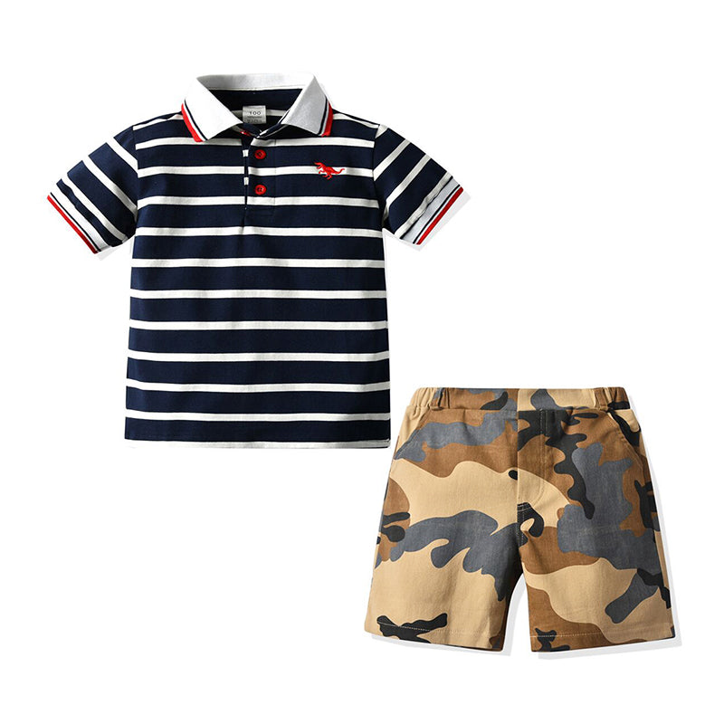 2 Pieces Kid Boy Stripe Polo Tee With Camo Shorts Set Wholesale 57674260