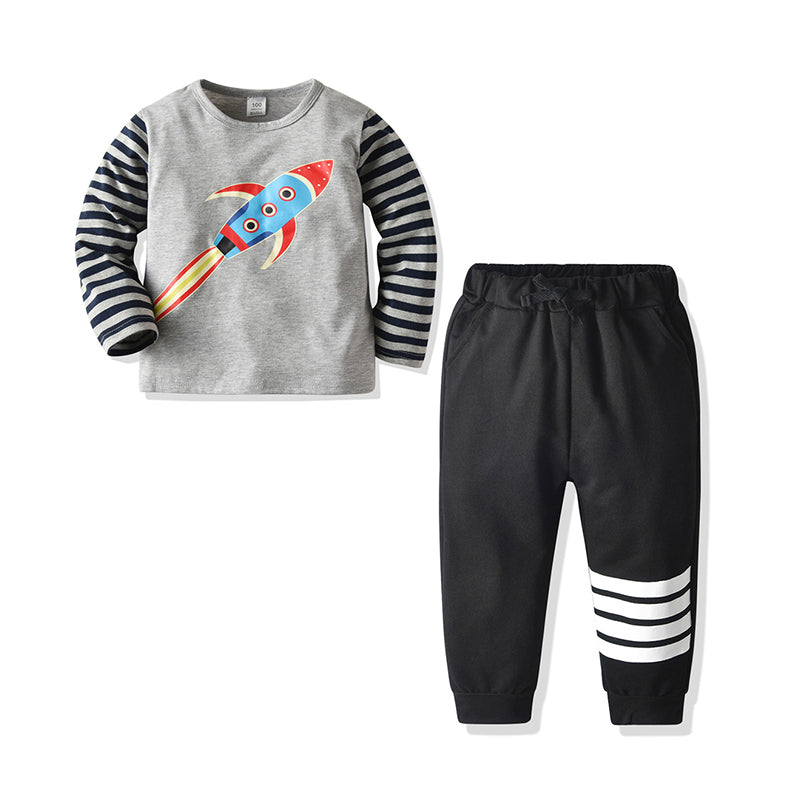 2 Pieces Set Baby Kid Boys Striped Color-blocking Cartoon Print T-Shirts And Pants Wholesale 12667127