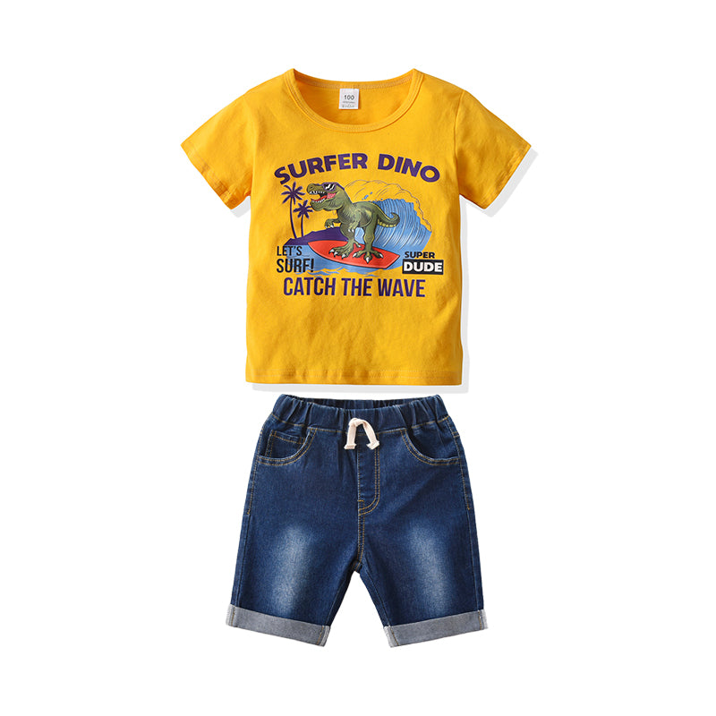 2 Pieces Kid Boy Summer Cartoon Dinosaur Yellow Short Sleeve T-shirt Denim Shorts Wholesale 00812091