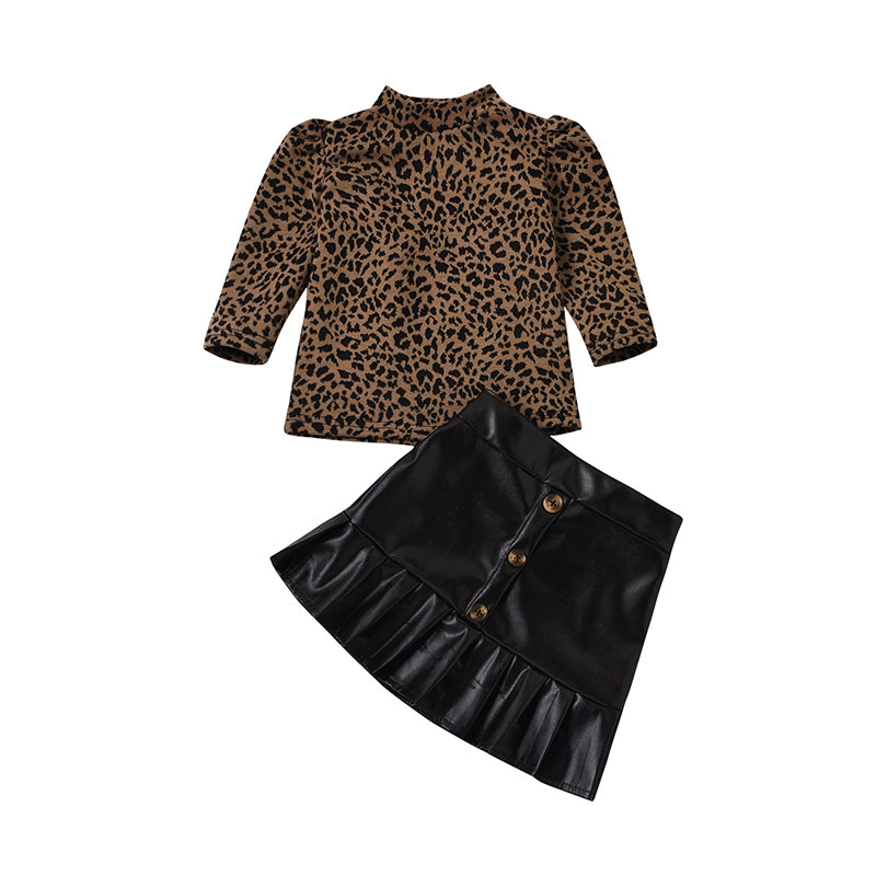 2 Pieces Kid GIrl Leopard Puff Sleeve Top With PU Ruffle Hem Skirt Set Wholesale 91974780