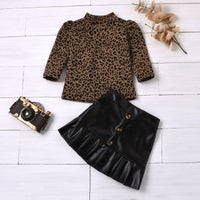 Load image into Gallery viewer, 2 Pieces Kid GIrl Leopard Puff Sleeve Top With PU Ruffle Hem Skirt Set Wholesale 91974780
