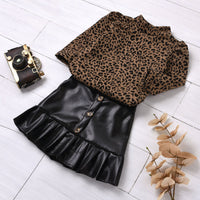 Load image into Gallery viewer, 2 Pieces Kid GIrl Leopard Puff Sleeve Top With PU Ruffle Hem Skirt Set Wholesale 91974780
