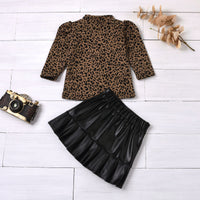 Load image into Gallery viewer, 2 Pieces Kid GIrl Leopard Puff Sleeve Top With PU Ruffle Hem Skirt Set Wholesale 91974780
