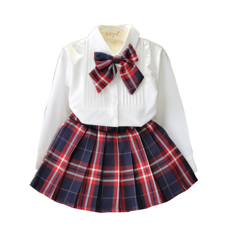 2 Pieces Kid Girl Bowknot Blouse With Pleated Plaid Skirt Set Wholesale 39195972
