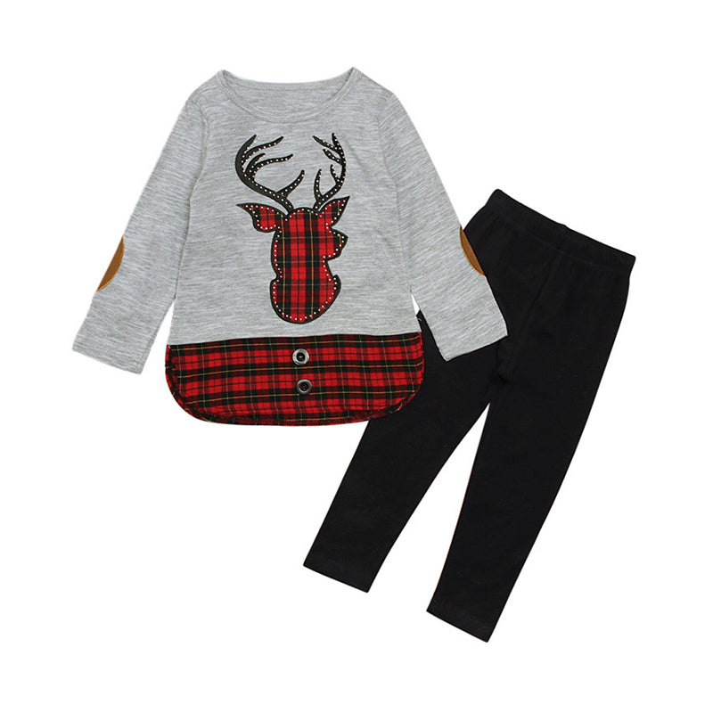 2 Pieces Kid Girl Christmas Set Deer Check Top Matching Pants Wholesale 76533385