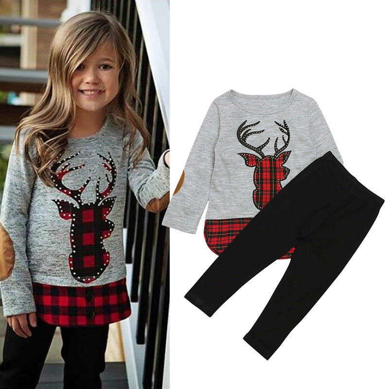 2 Pieces Kid Girl Christmas Set Deer Check Top Matching Pants Wholesale 76533385