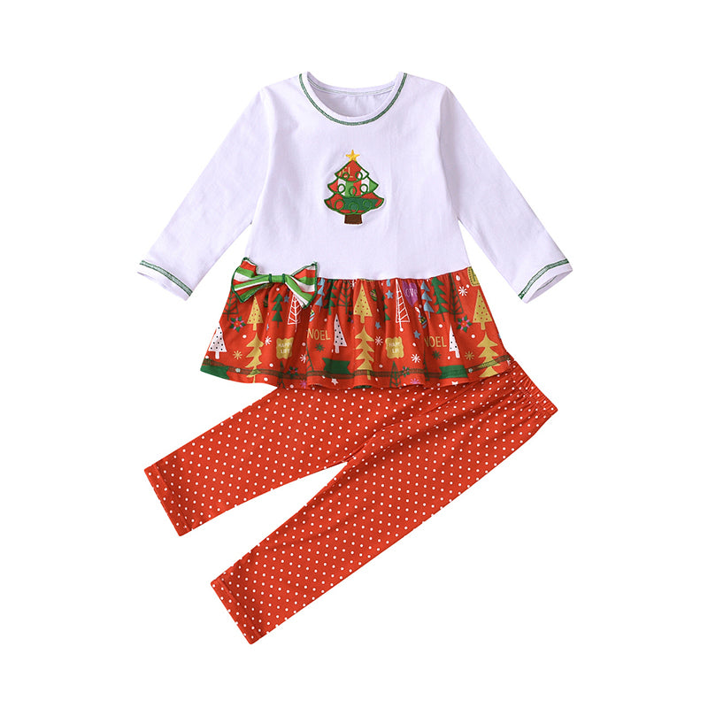 2 Pieces Set Baby Kid Girls Christmas Letters Color-blocking Cartoon Plant Bow Print T-Shirts And Polka dots Pants Wholesale 34987134