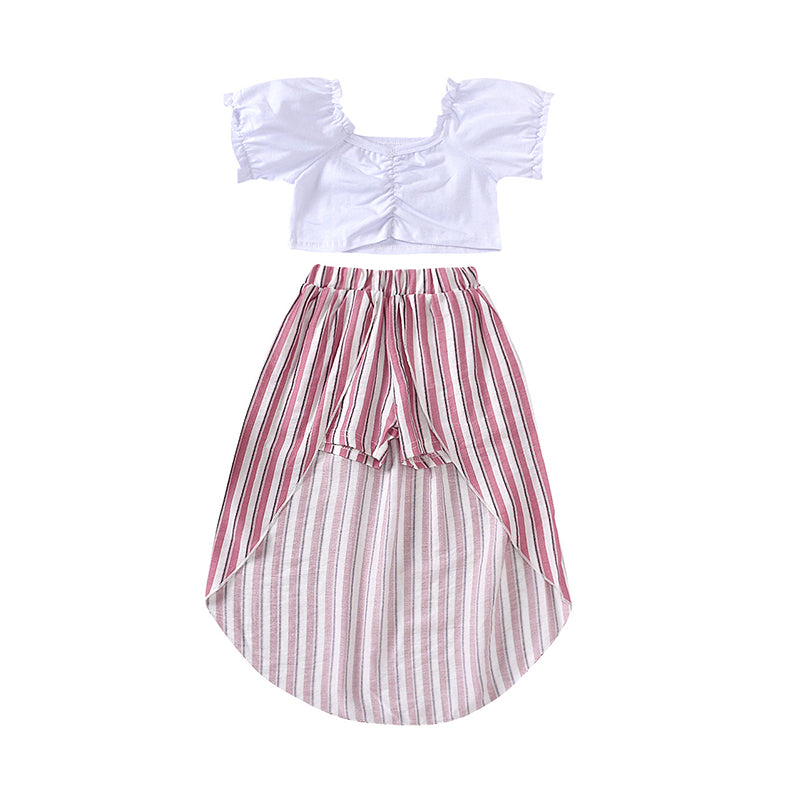 2 Pieces Kid Girl Crop Top Matching Hi Lo Hem Stripe Skirt Set Wholesale 43414811