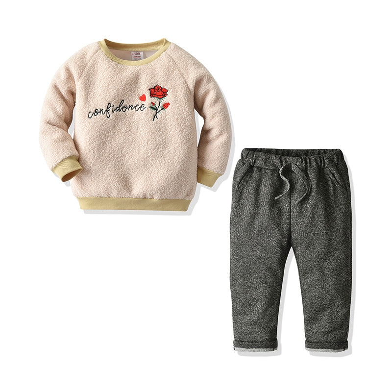 2 Pieces Set Baby Kid Girls Flower Embroidered Pants And Solid Color Hoodies Swearshirts Wholesale 06776655