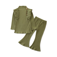 Load image into Gallery viewer, 2 Pieces Kid Girl Flutter Sleeev Turtle Neck Top Matching Flared Pants Set Wholesale 06874764
