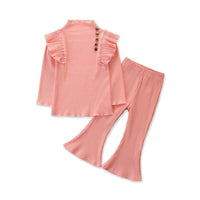 Load image into Gallery viewer, 2 Pieces Kid Girl Flutter Sleeev Turtle Neck Top Matching Flared Pants Set Wholesale 06874764
