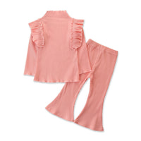 Load image into Gallery viewer, 2 Pieces Kid Girl Flutter Sleeev Turtle Neck Top Matching Flared Pants Set Wholesale 06874764
