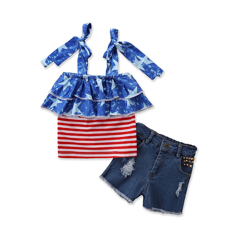 2 Pieces Kid Girl Independence Day Ruffle Trim Stripe Sling Top And Ripped Denim Shorts Set Wholesale 30532560