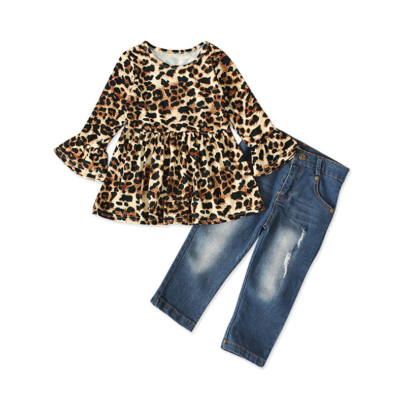 2 Pieces Kid Girl Leopard Set Flared Sleeve Top Matching Jeans Wholesale 33343352