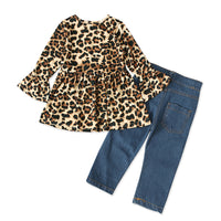 Load image into Gallery viewer, 2 Pieces Kid Girl Leopard Set Flared Sleeve Top Matching Jeans Wholesale 33343352
