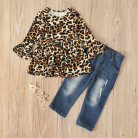 Load image into Gallery viewer, 2 Pieces Kid Girl Leopard Set Flared Sleeve Top Matching Jeans Wholesale 33343352
