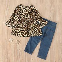 Load image into Gallery viewer, 2 Pieces Kid Girl Leopard Set Flared Sleeve Top Matching Jeans Wholesale 33343352
