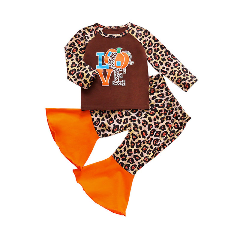 2 Pieces Kid Girl Leopard Set Pumpkin Top With Flared Trousers Wholesale 78697206
