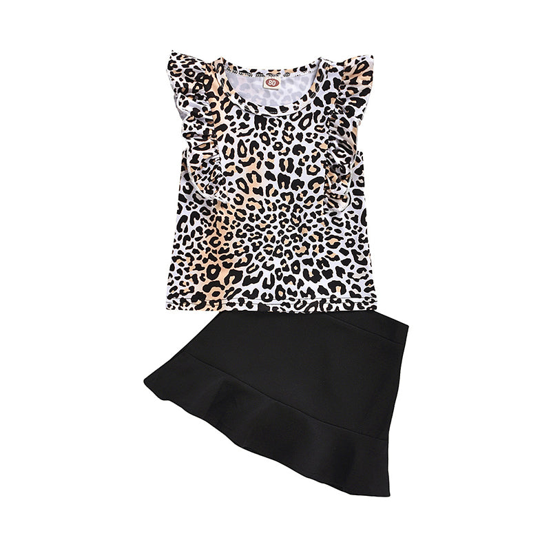 2 Pieces Set Baby Kid Girls Leopard Print Tops And Solid Color Skirts Wholesale 27747450