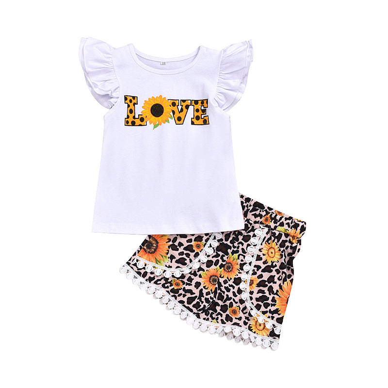 2 Pieces Kid Girl Love Leopard Sunflower Set Top With Shorts Wholesale 59994574